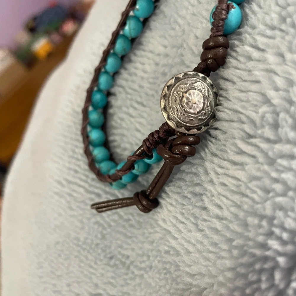 Handmade Bohemian Turquoise and Leather Beaded Ladder Stitch  Bracelet